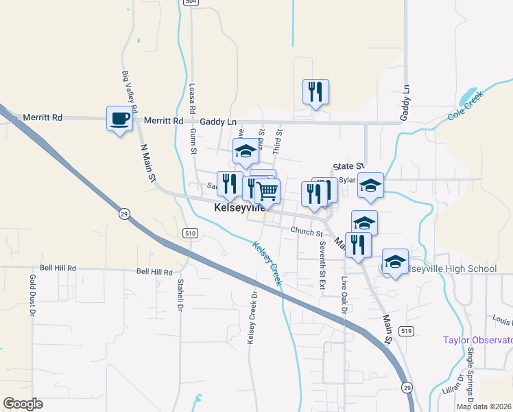 map of restaurants, bars, coffee shops, grocery stores, and more near 3940 Main Street in Kelseyville