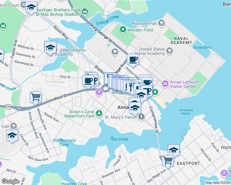 map of restaurants, bars, coffee shops, grocery stores, and more near 213 Main Street in Annapolis