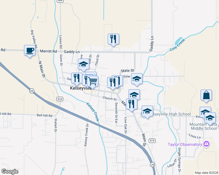 map of restaurants, bars, coffee shops, grocery stores, and more near 4170 Main Street in Kelseyville