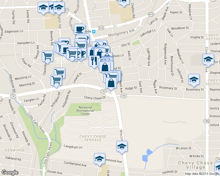 map of restaurants, bars, coffee shops, grocery stores, and more near 6700 Highway 355 in Bethesda