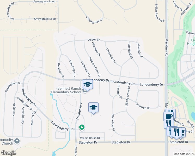 map of restaurants, bars, coffee shops, grocery stores, and more near 11322 Palmers Green Drive in Peyton