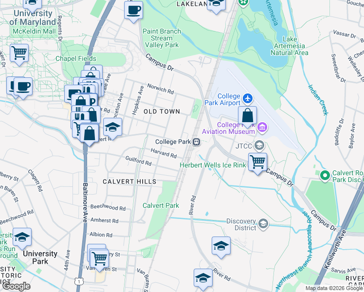 map of restaurants, bars, coffee shops, grocery stores, and more near 4815 Calvert Road in College Park