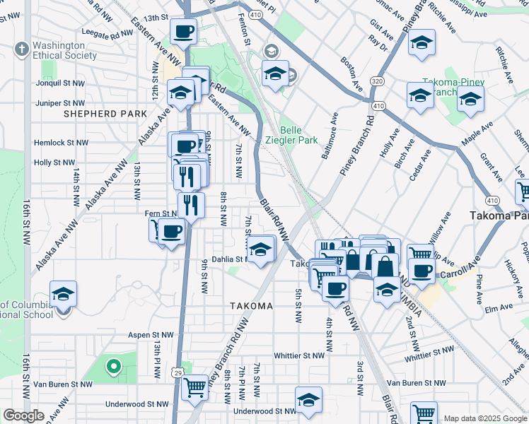 map of restaurants, bars, coffee shops, grocery stores, and more near 7220 Blair Road Northwest in Washington