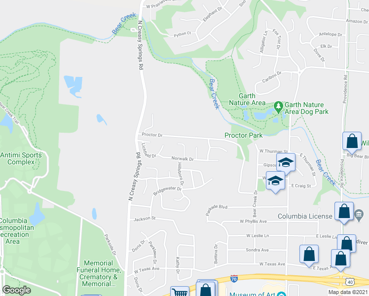 map of restaurants, bars, coffee shops, grocery stores, and more near 2403 Bentley Court in Columbia