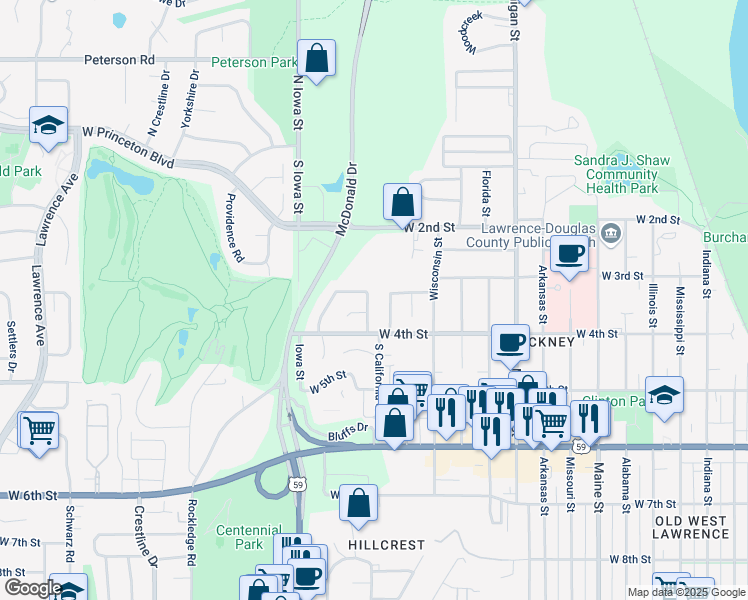 map of restaurants, bars, coffee shops, grocery stores, and more near 320 Birch Lane in Lawrence