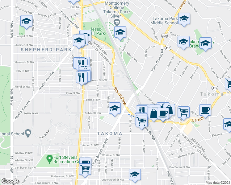 map of restaurants, bars, coffee shops, grocery stores, and more near 7220 Blair Road Northwest in Washington