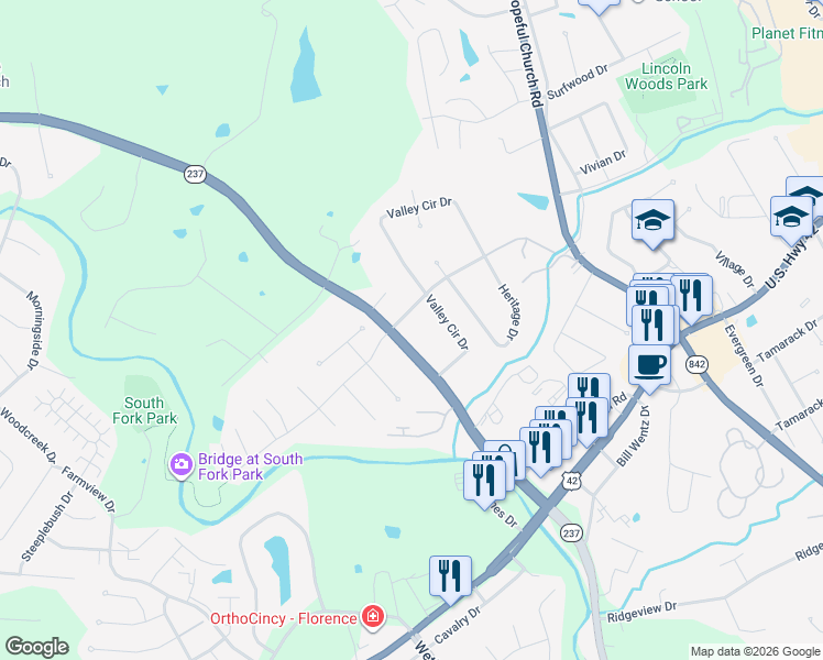 map of restaurants, bars, coffee shops, grocery stores, and more near 8404 Pleasant Valley Road in Florence
