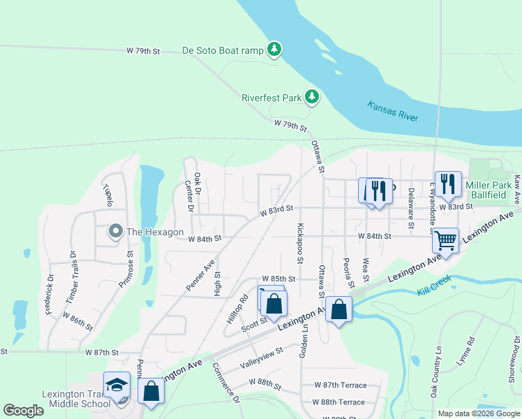 map of restaurants, bars, coffee shops, grocery stores, and more near 33695 West 83rd Street in De Soto