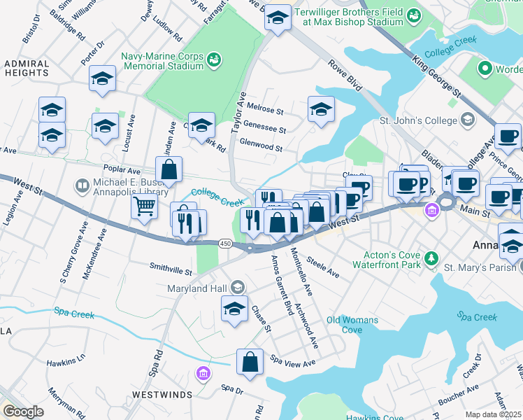 map of restaurants, bars, coffee shops, grocery stores, and more near 5 Park Place in Annapolis