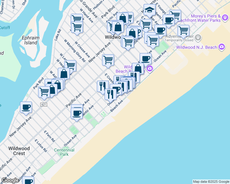map of restaurants, bars, coffee shops, grocery stores, and more near 5401 Ocean Avenue in Wildwood
