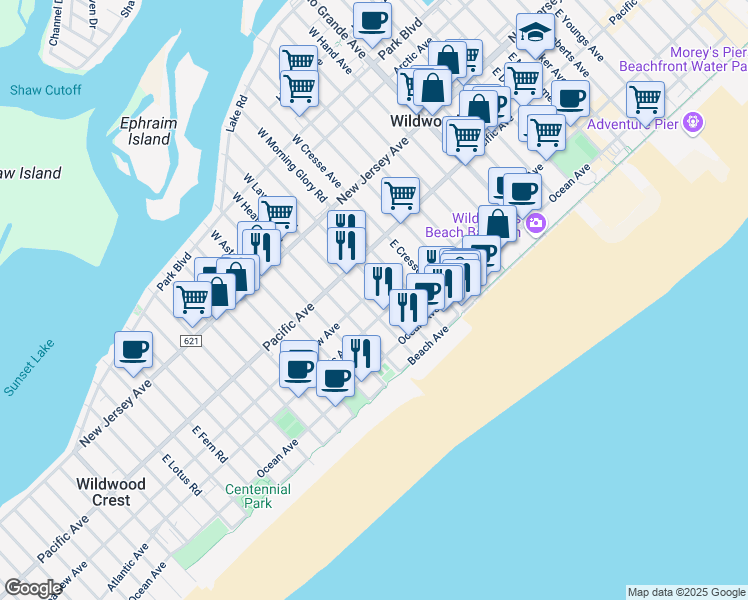 map of restaurants, bars, coffee shops, grocery stores, and more near 5706 Atlantic Avenue in Wildwood Crest