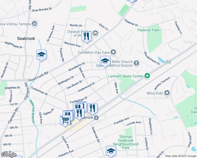 map of restaurants, bars, coffee shops, grocery stores, and more near 9608 Underwood Street in Lanham