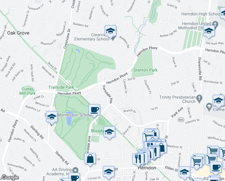 map of restaurants, bars, coffee shops, grocery stores, and more near 1052 Trevino Lane in Herndon