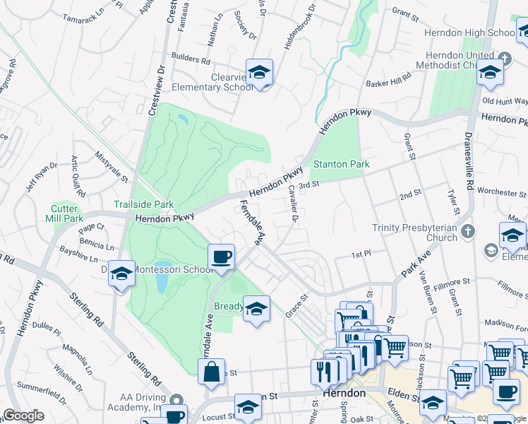 map of restaurants, bars, coffee shops, grocery stores, and more near 1052 Trevino Lane in Herndon