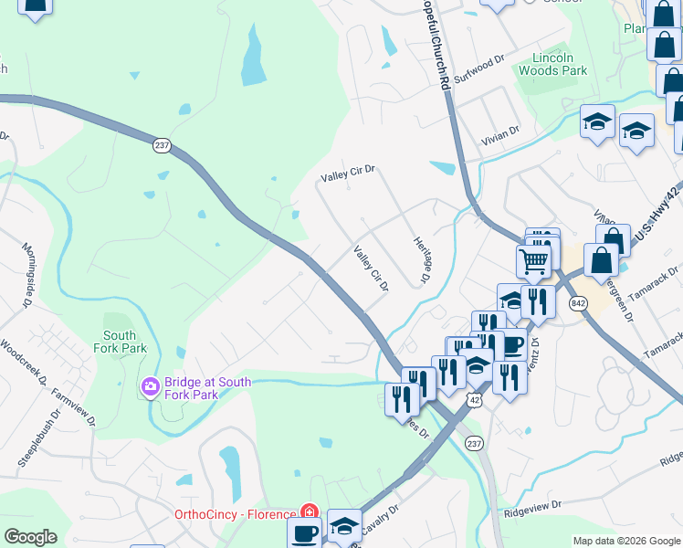 map of restaurants, bars, coffee shops, grocery stores, and more near 8404 Pleasant Valley Road in Florence