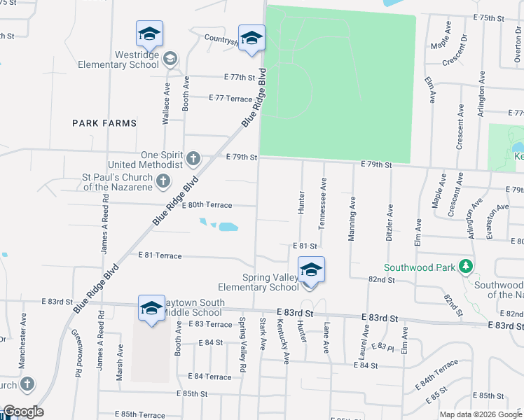map of restaurants, bars, coffee shops, grocery stores, and more near 8015 Spring Valley Road in Raytown