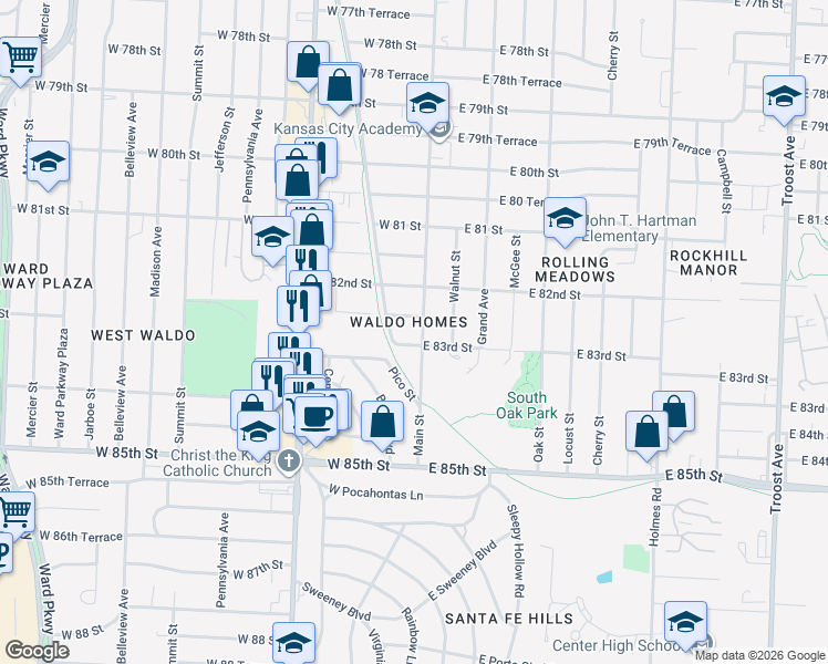 map of restaurants, bars, coffee shops, grocery stores, and more near 42 East 83rd Street in Kansas City