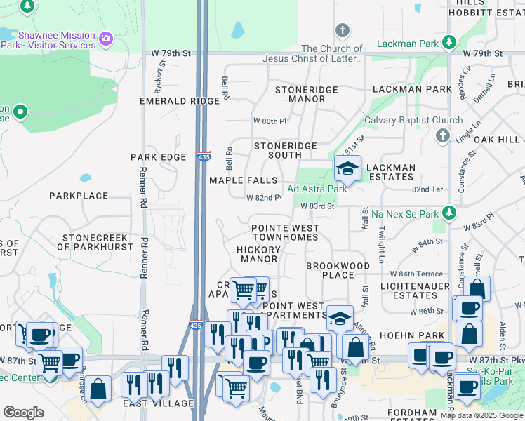 map of restaurants, bars, coffee shops, grocery stores, and more near 16022 West 83rd Terrace in Lenexa