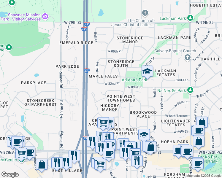 map of restaurants, bars, coffee shops, grocery stores, and more near 16022 West 83rd Terrace in Lenexa