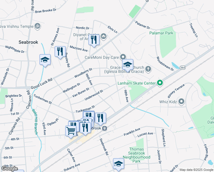 map of restaurants, bars, coffee shops, grocery stores, and more near 9608 Underwood Street in Lanham