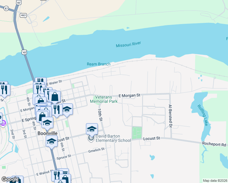 map of restaurants, bars, coffee shops, grocery stores, and more near 1056-1072 E Morgan St in Boonville