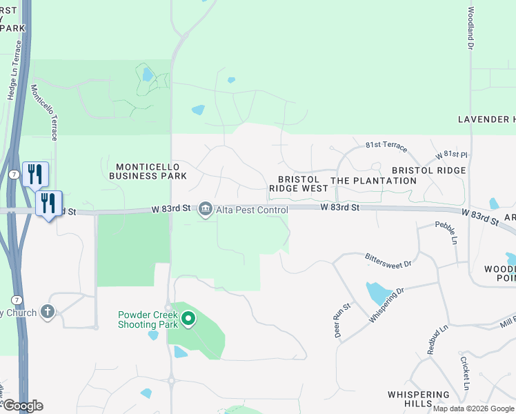 map of restaurants, bars, coffee shops, grocery stores, and more near 21384 West 83rd Street in Shawnee