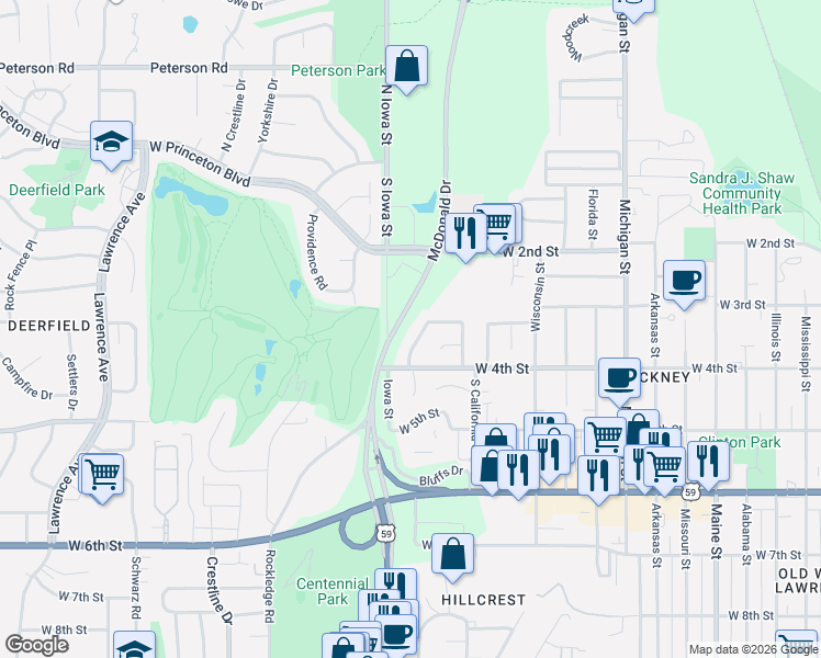 map of restaurants, bars, coffee shops, grocery stores, and more near 316 Northwood Lane in Lawrence