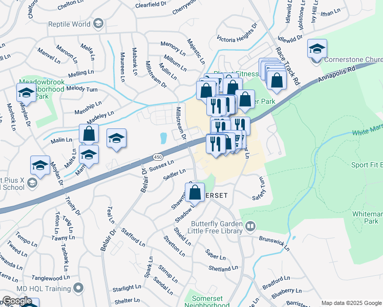 map of restaurants, bars, coffee shops, grocery stores, and more near 3233 Stonybrook Drive in Bowie