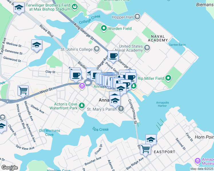 map of restaurants, bars, coffee shops, grocery stores, and more near 23 Francis Street in Annapolis