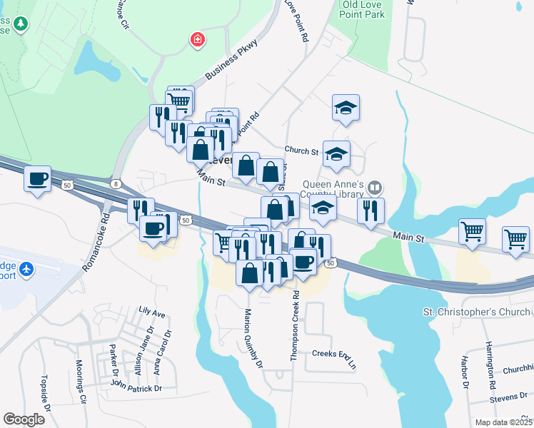map of restaurants, bars, coffee shops, grocery stores, and more near 502 Main Street in Stevensville