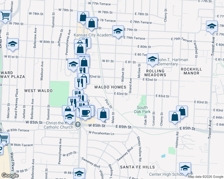 map of restaurants, bars, coffee shops, grocery stores, and more near 42 East 83rd Street in Kansas City