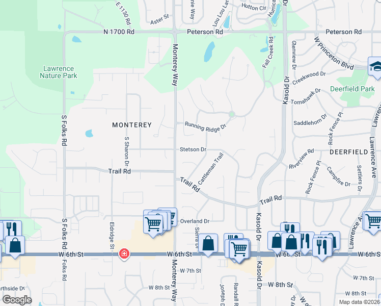 map of restaurants, bars, coffee shops, grocery stores, and more near 3809 Stockade Court in Lawrence