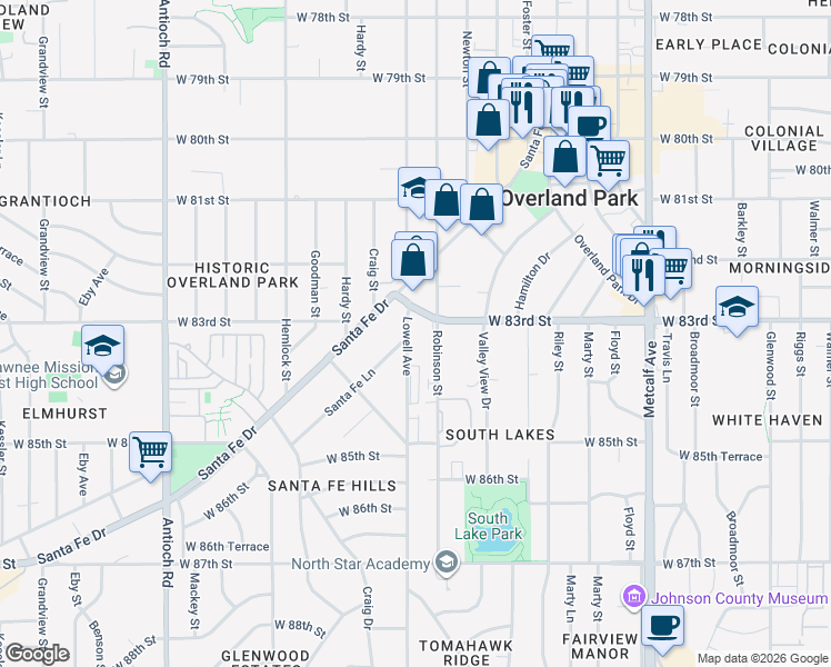 map of restaurants, bars, coffee shops, grocery stores, and more near 8327 Lowell Avenue in Overland Park