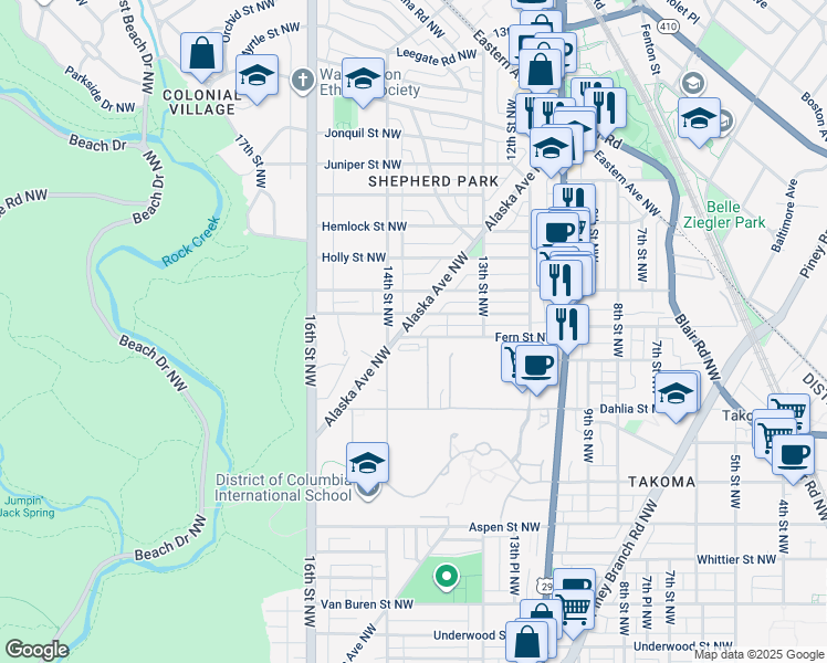 map of restaurants, bars, coffee shops, grocery stores, and more near 7301 Alaska Avenue Northwest in Washington