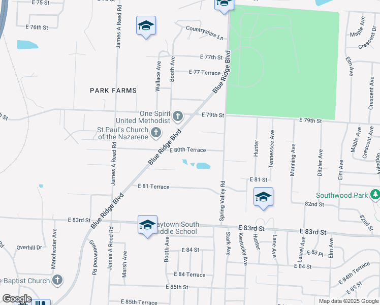 map of restaurants, bars, coffee shops, grocery stores, and more near 8623 East 80th Terrace in Raytown