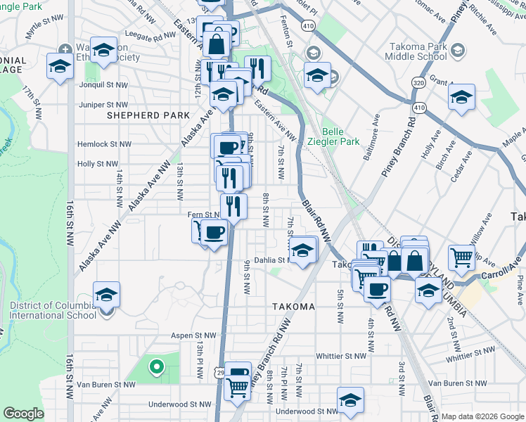 map of restaurants, bars, coffee shops, grocery stores, and more near 101 Independence Avenue Southeast in Washington