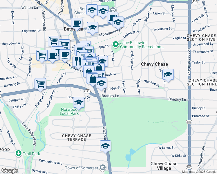 map of restaurants, bars, coffee shops, grocery stores, and more near 4427 Ridge Street in Chevy Chase
