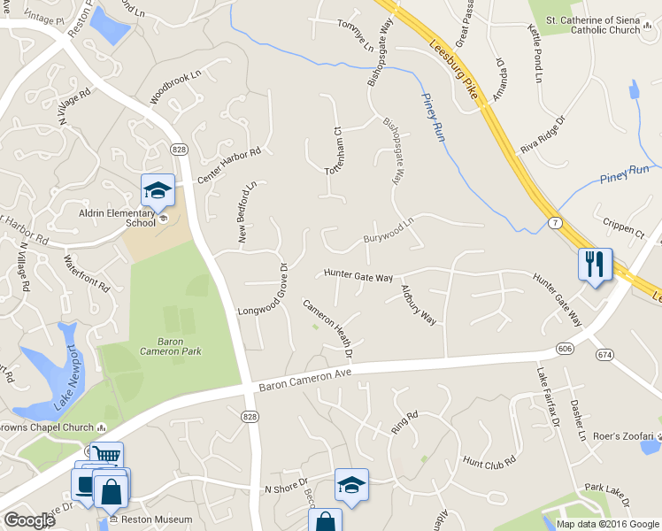 map of restaurants, bars, coffee shops, grocery stores, and more near 10928 Hunter Gate Way in Reston