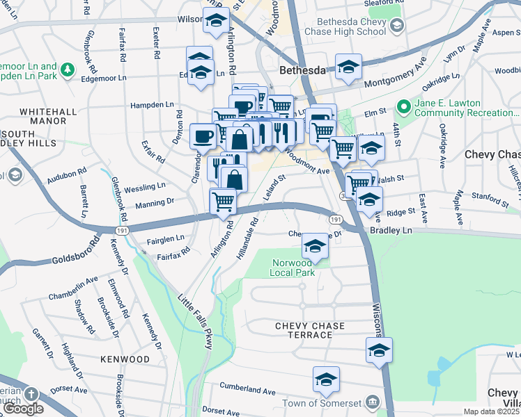map of restaurants, bars, coffee shops, grocery stores, and more near Bradley Boulevard & Hillandale Road in Bethesda