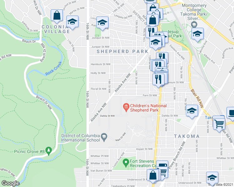 map of restaurants, bars, coffee shops, grocery stores, and more near 7301 Alaska Avenue Northwest in Washington
