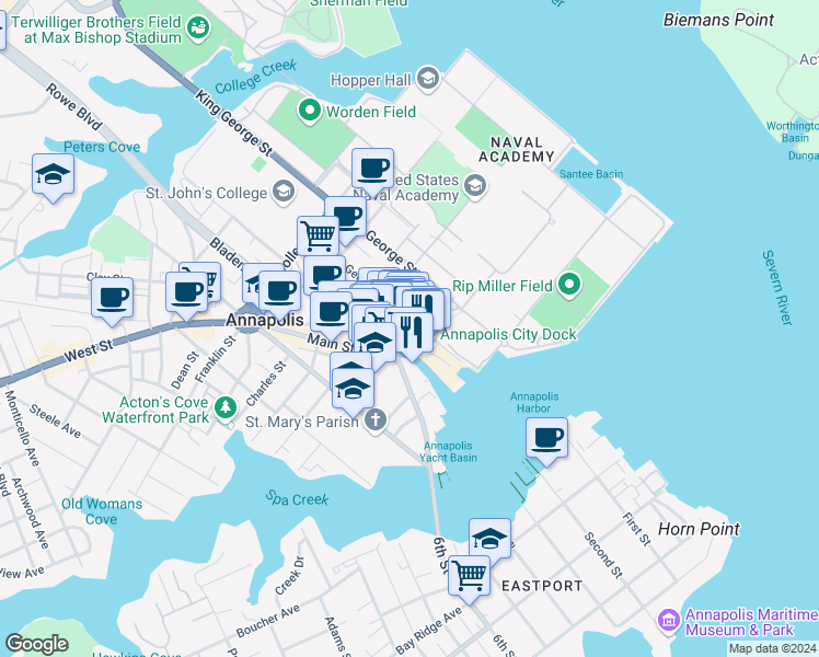 map of restaurants, bars, coffee shops, grocery stores, and more near 47 Randall Street in Annapolis