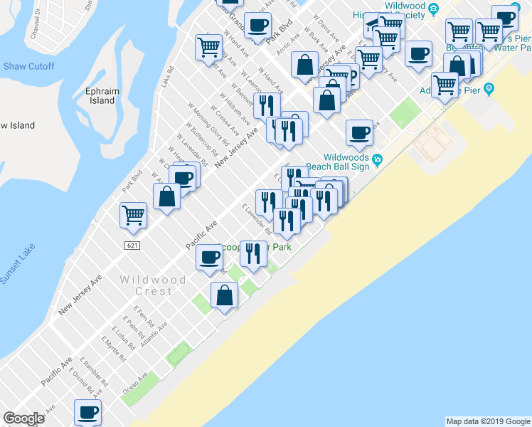 map of restaurants, bars, coffee shops, grocery stores, and more near 5607 Atlantic Avenue in Wildwood Crest