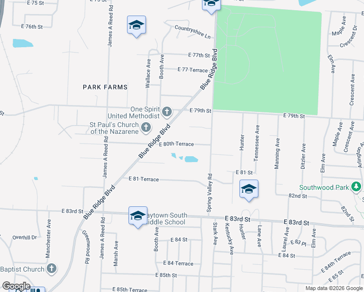 map of restaurants, bars, coffee shops, grocery stores, and more near 8623 East 80th Terrace in Raytown
