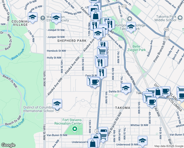 map of restaurants, bars, coffee shops, grocery stores, and more near 1201 Fern Street Northwest in Washington
