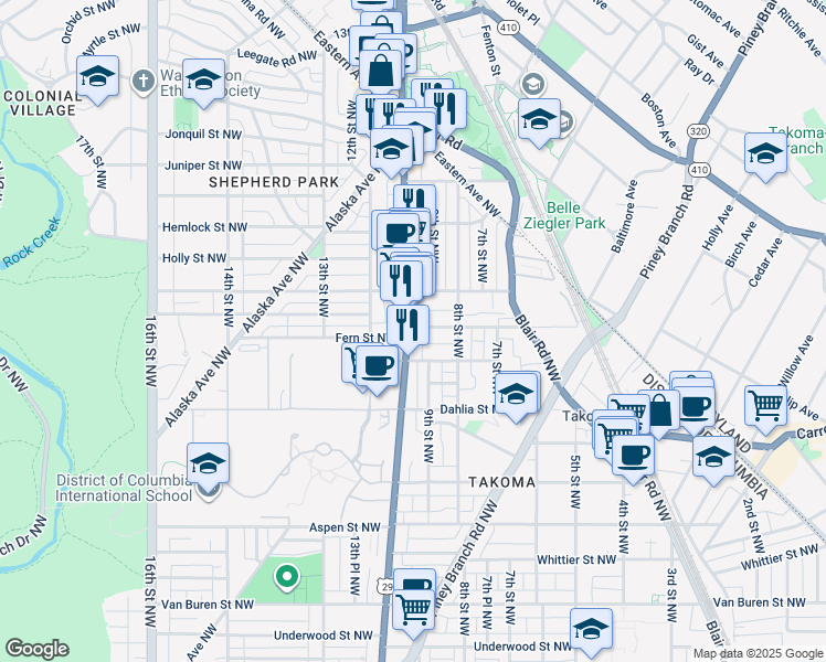 map of restaurants, bars, coffee shops, grocery stores, and more near 101 Independence Avenue Southeast in Washington