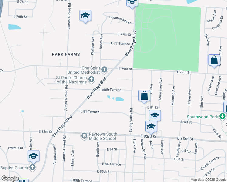 map of restaurants, bars, coffee shops, grocery stores, and more near 8623 East 80th Terrace in Raytown