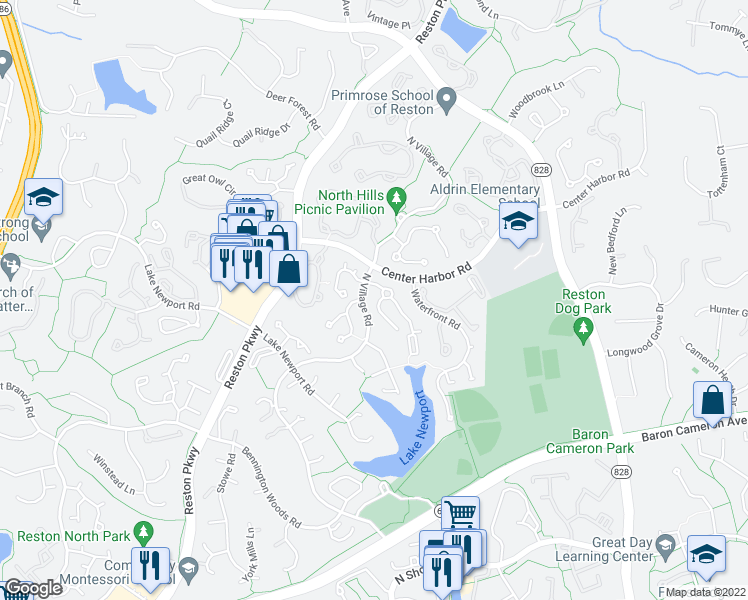 map of restaurants, bars, coffee shops, grocery stores, and more near 1400 Hemingway Court in Reston