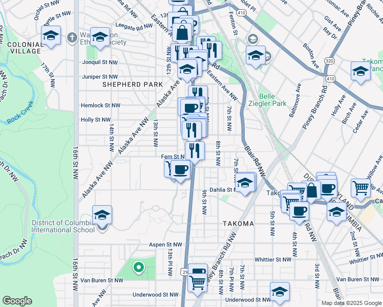 map of restaurants, bars, coffee shops, grocery stores, and more near 1101 Fern Street Northwest in Washington