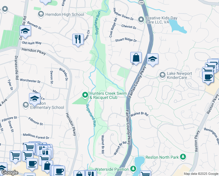 map of restaurants, bars, coffee shops, grocery stores, and more near 12016 Creekbend Drive in Reston