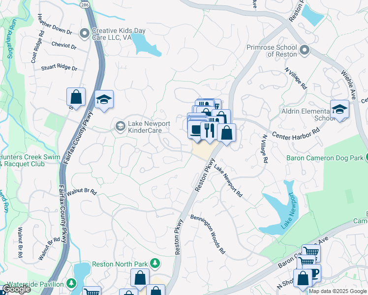 map of restaurants, bars, coffee shops, grocery stores, and more near 11741 Summerchase Circle in Reston